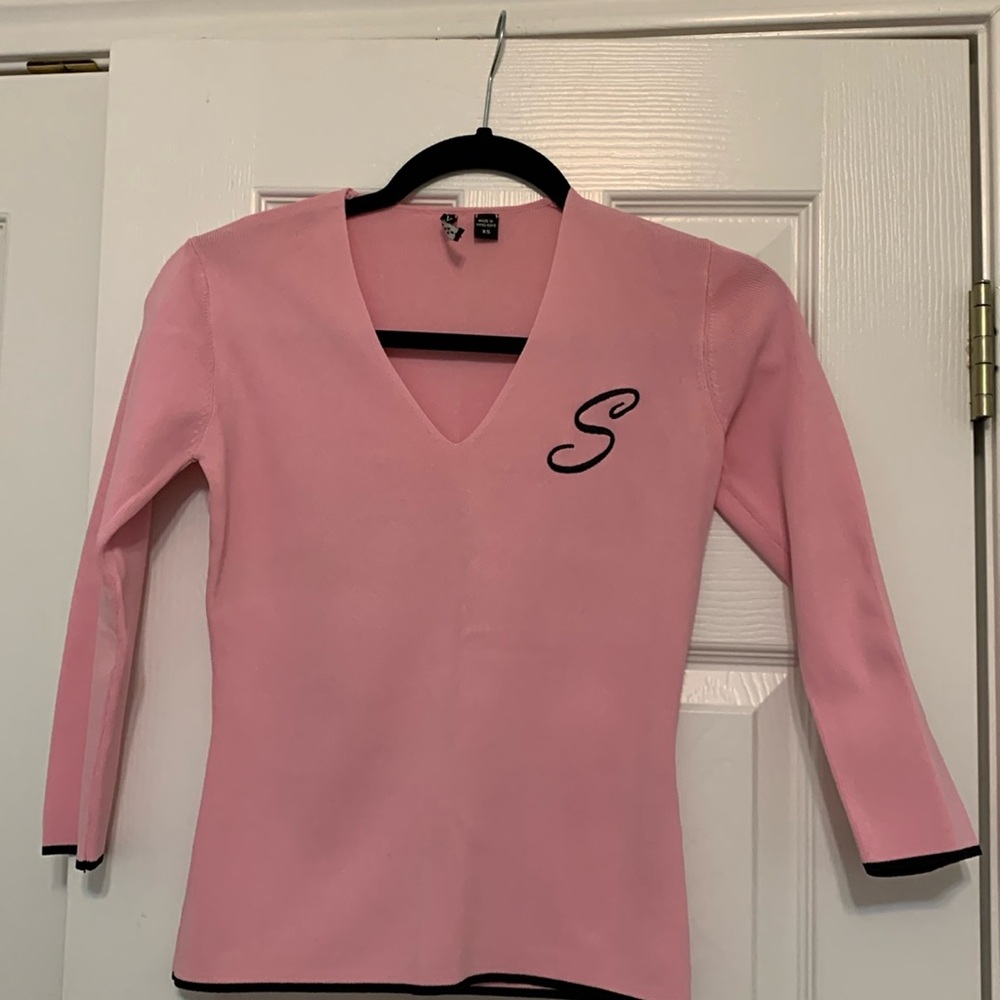 Pink venini sweater with an s initials on front elbow length sleeves